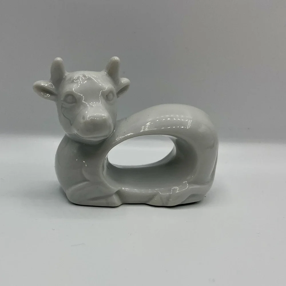 Vintage Japanese White Ceramic Napkin Rings Holders Set Of 4 Cow Pig Duck Rabbit